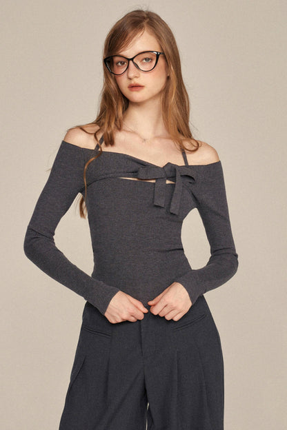 Slim One-Shoulder Bow Knit Top