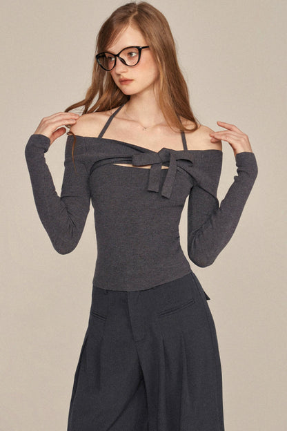 Slim One-Shoulder Bow Knit Top