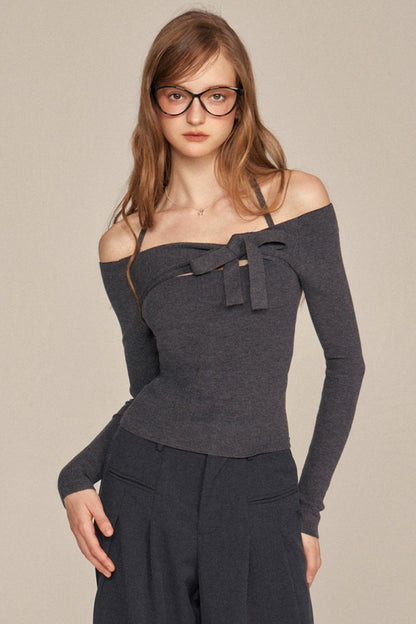 Slim One-Shoulder Bow Knit Top