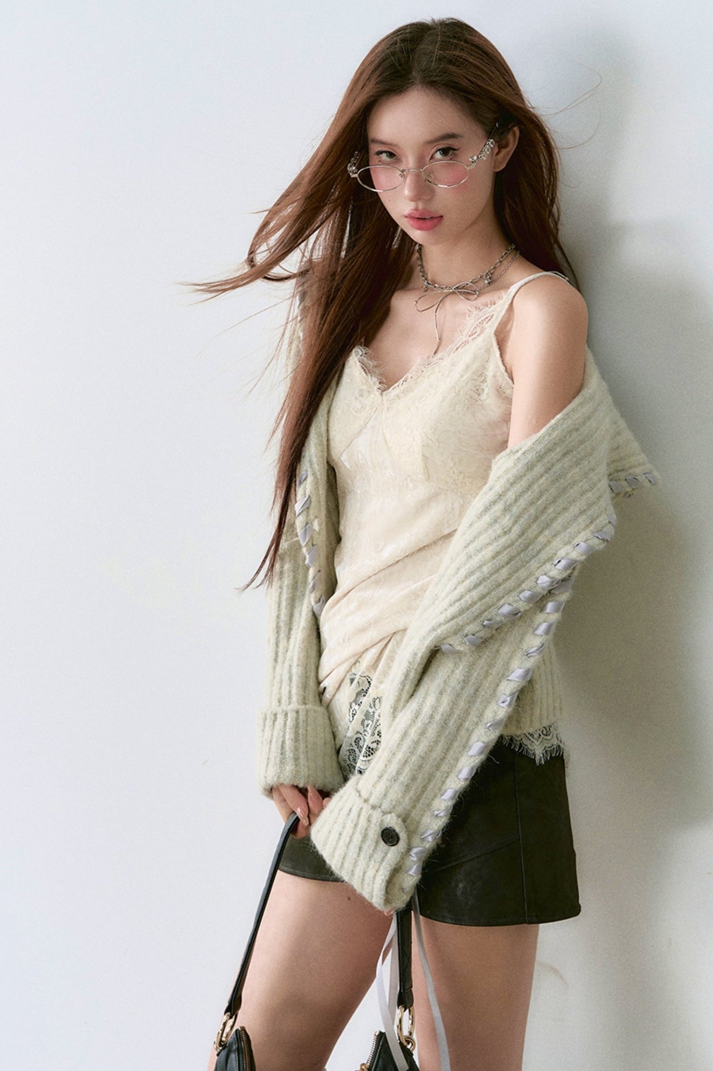 Lace Panel Sweater Jacket With Contrasting Knit Cardigan Vest