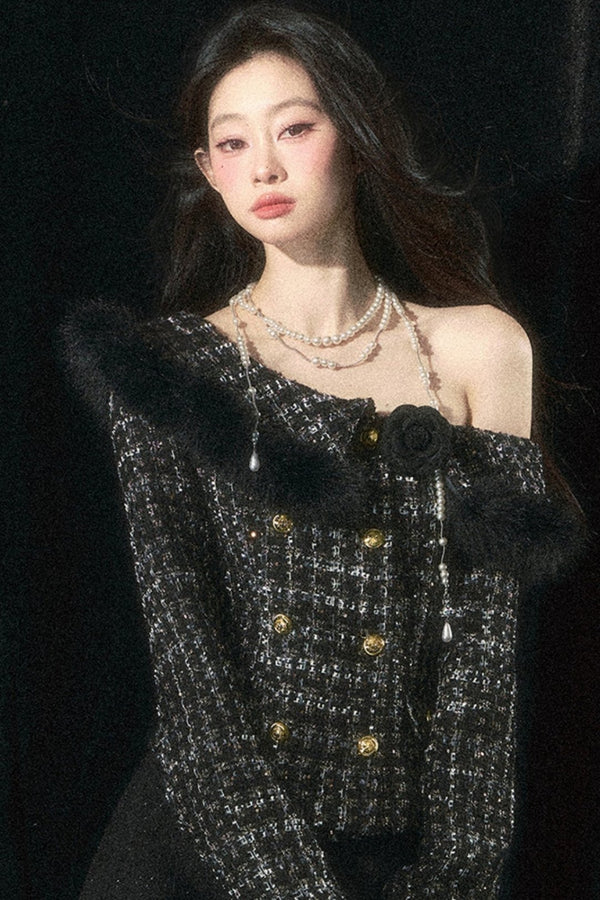 Checked Slanted Shoulder Top Set-Up