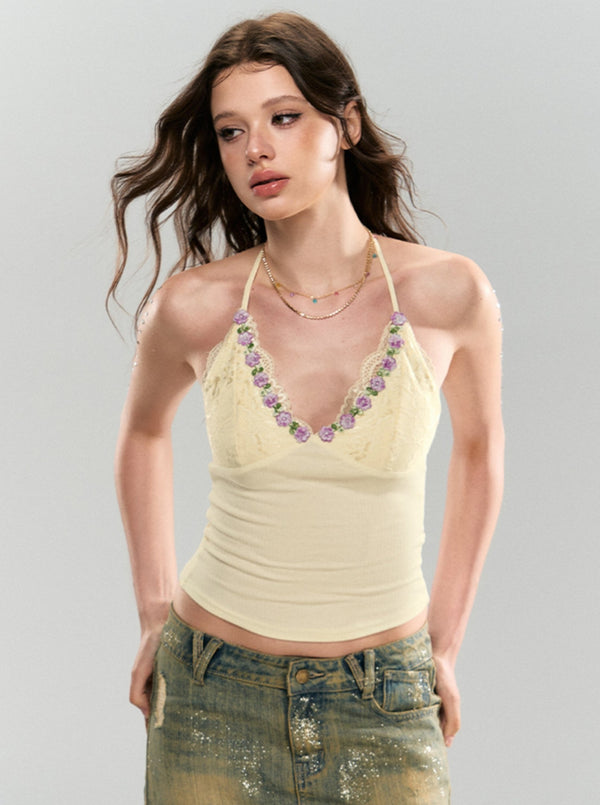 Lace Panelled Floral V-Neck Halterneck Top