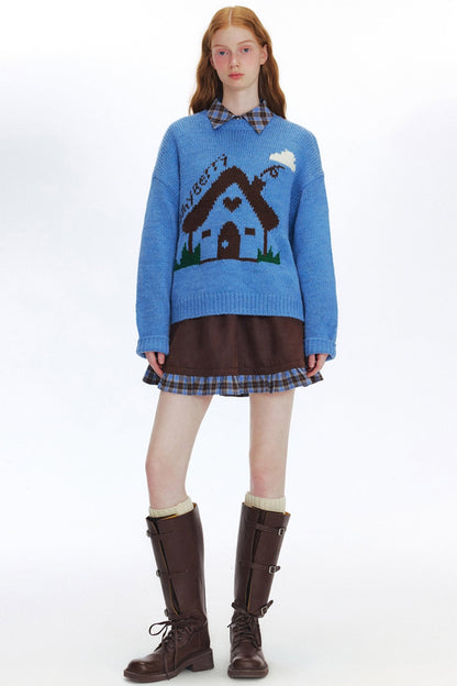 WhyBerry 24AW "Fairy Tale House" Cute Loose Little House Pullover Einfache Rundhalsausschnitt Lazy Style