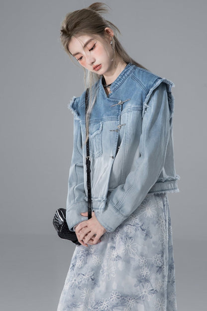 COTRE Dip-Dye Farbverlauf Star Blue Moon White kleiner Stehkragen dekonstruierte Denim-Jacke