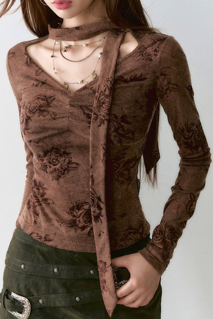 Rose Print Irregular Slim Fit Top