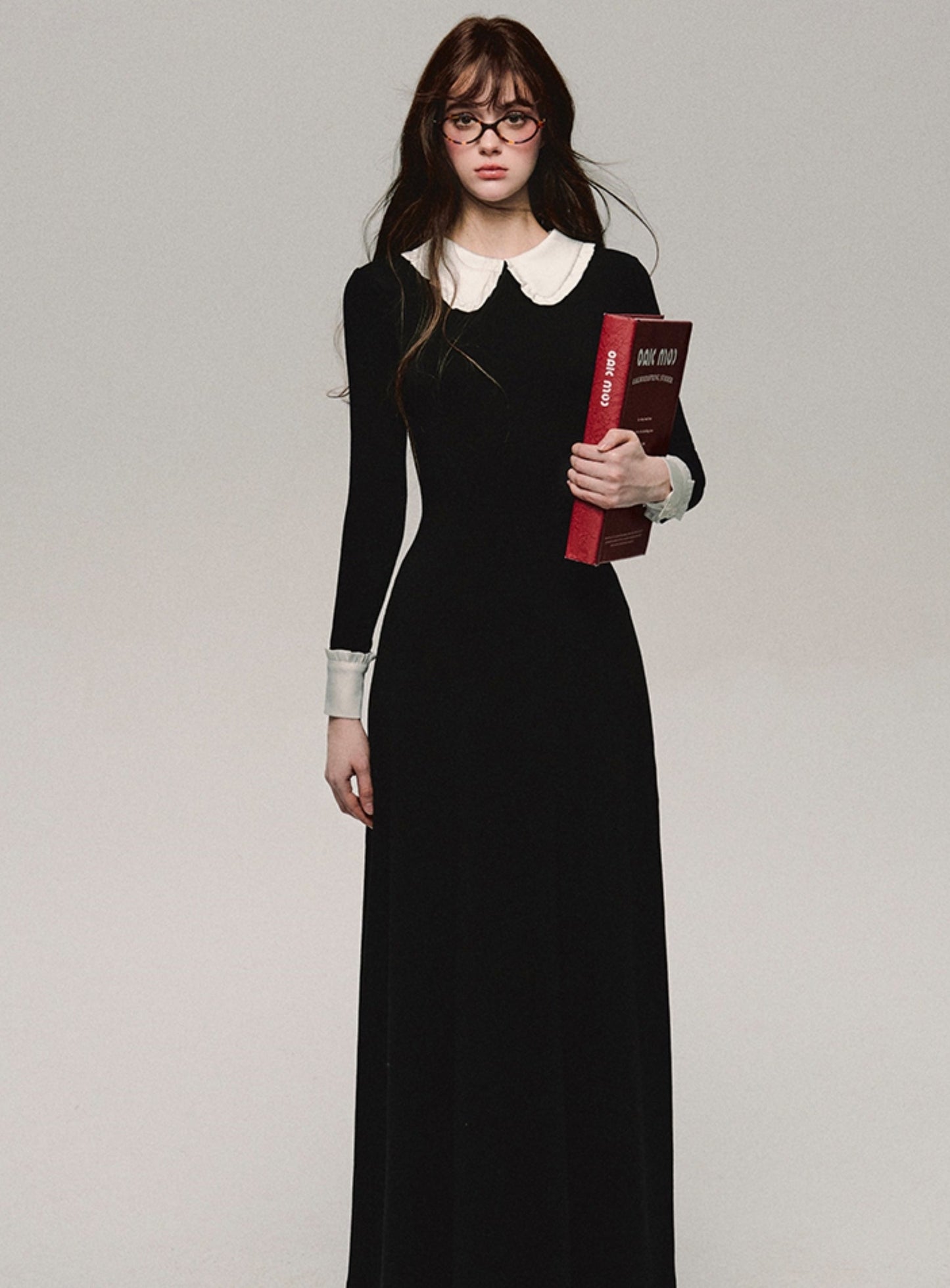 French Contrast Silk Long Sleeve Dress