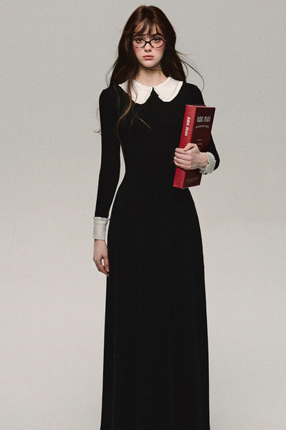 French Contrast Silk Long Sleeve Dress