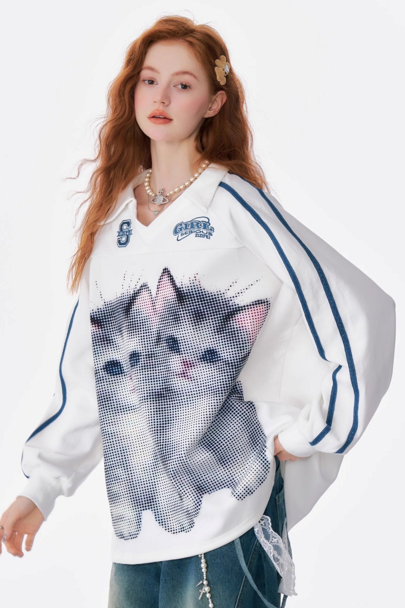 Cat Print Loose V-Neck Sweatshirt