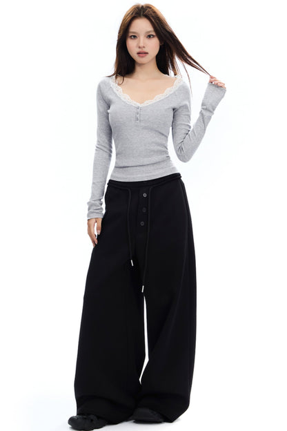 APEA American Retro Fake Placket Black Grey Straight Leg Sweatpants Women's Elasticated Waist Drawstring Loose Wide Leg Casual Pants