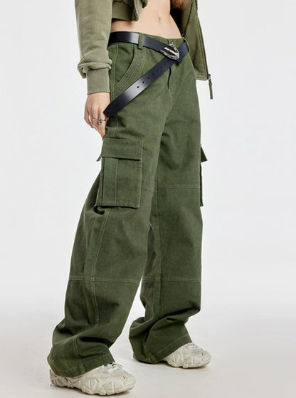 Army Green Straight Cargo Pants