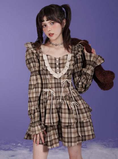 Brown Grid Bow Princess Dress