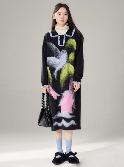 landscape bird polo knit dress
