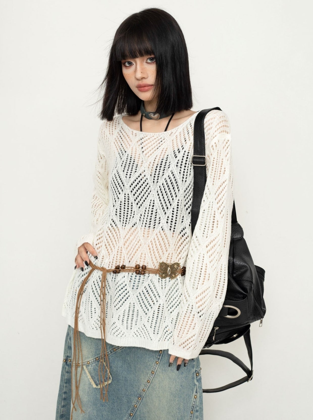 Cut-Out Mesh Pullover Knit Top