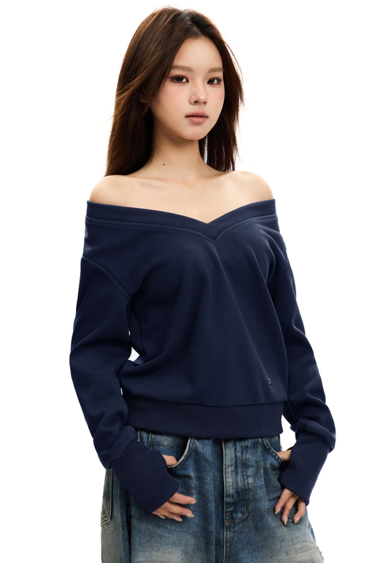 [Oktober 21 Neue Ankunft] APEA Sport große V-Ausschnitt Top, Frauen faul Stil, locker und dünn, off-the-shoulder Sweatshirt