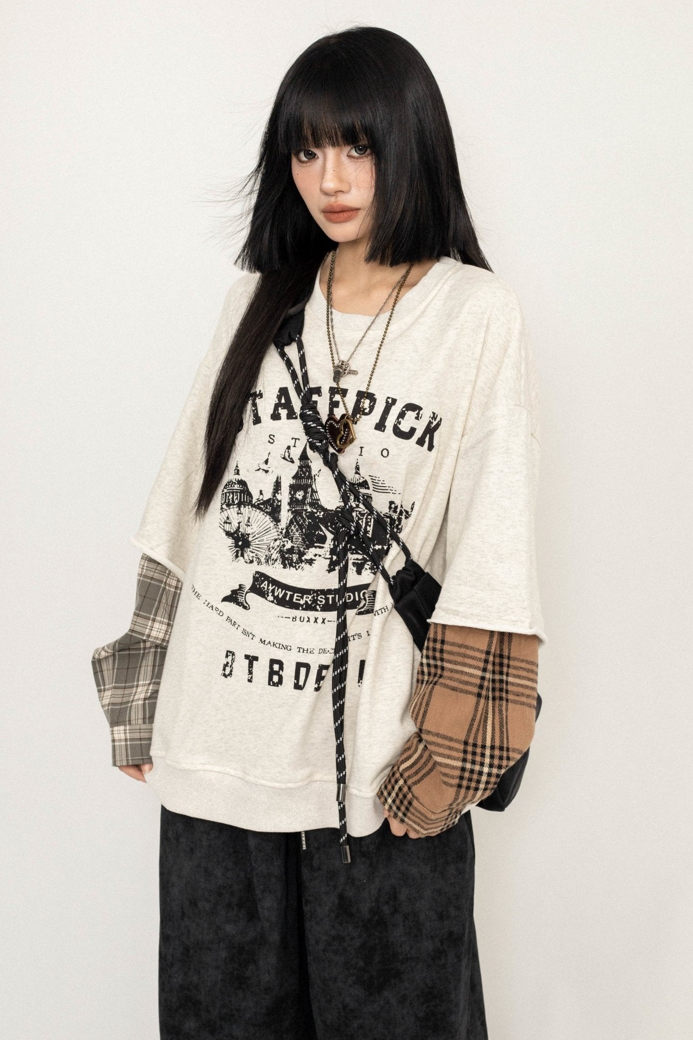 OCTTFLAB American Vintage Plaid Stitched Long Sleeve T-Shirt Sweatshirt Women's Loose Versatile Casual Print Top Trend