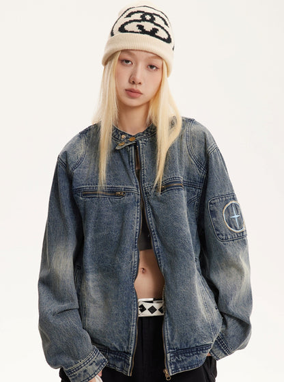 American Retro Washed Denim Biker Jacket