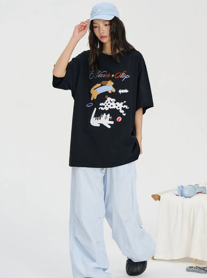 Cat Dog Embroidered T-shirt