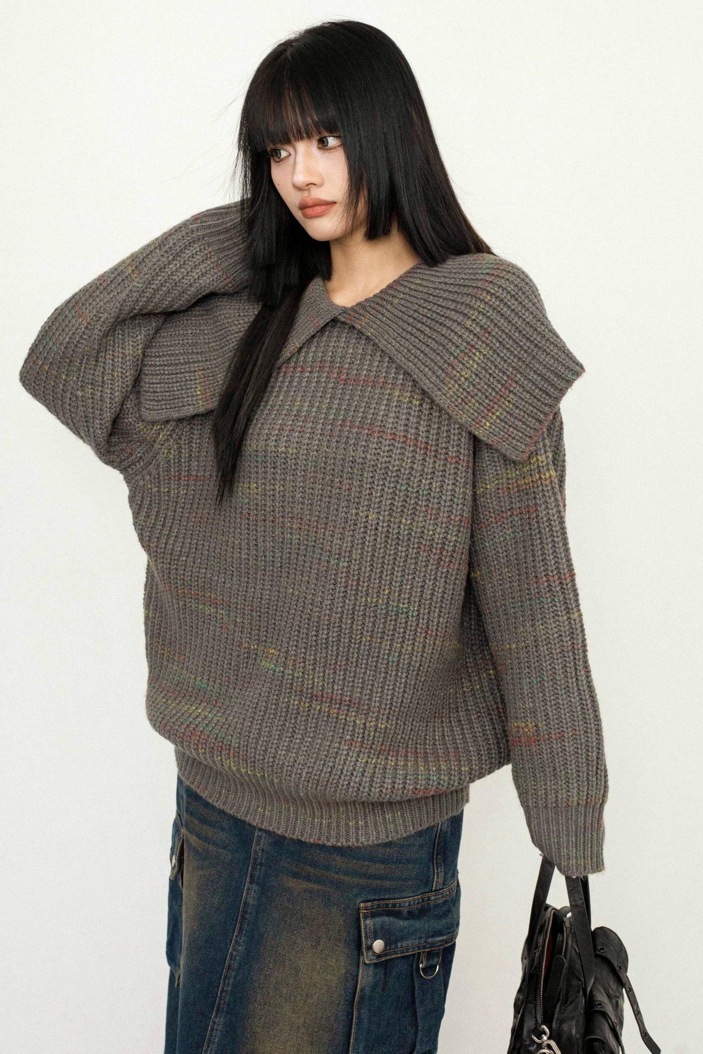 Wide Collar College Knit Sweater