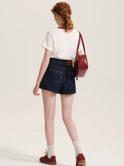 Contrast Topstitch Denim Shorts Pants