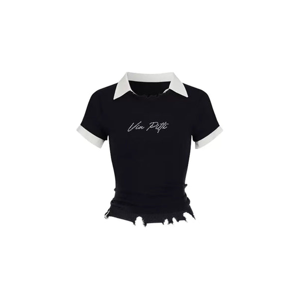 Pearl Letter Design Patchwork Knit Top