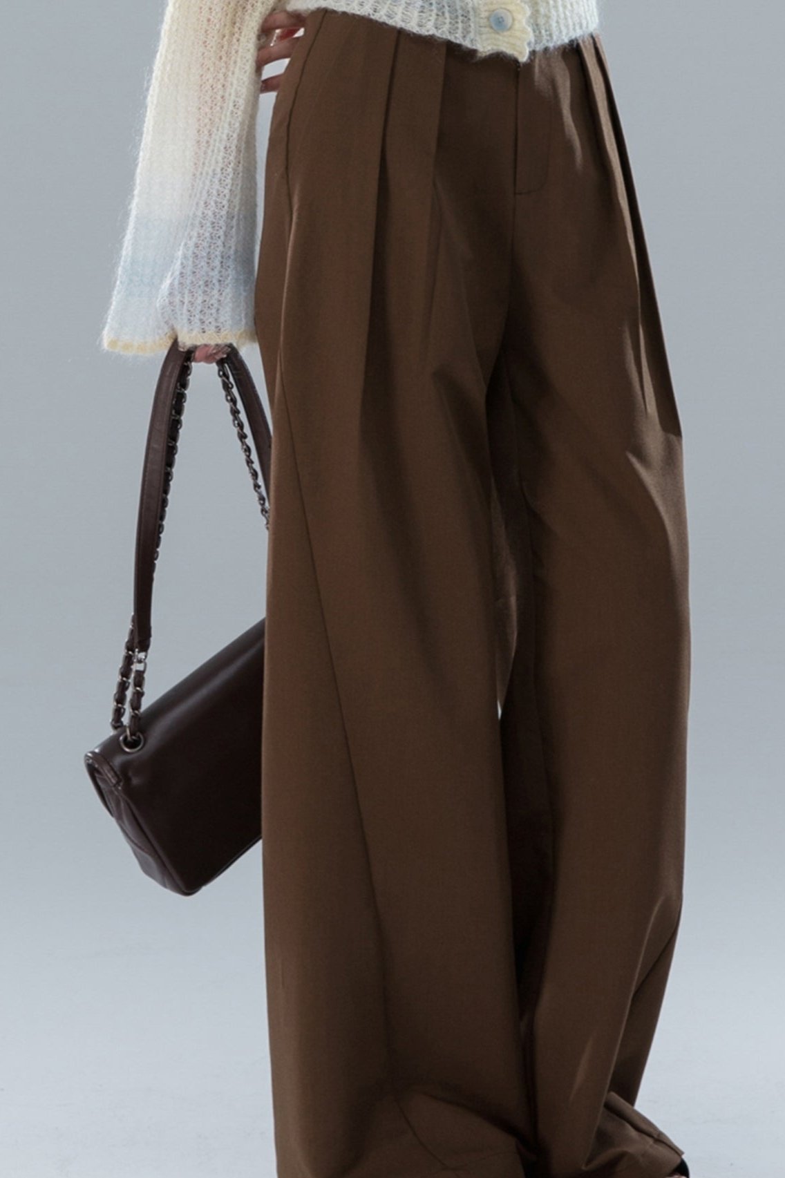 Ruched Brown Wide-Leg Trousers