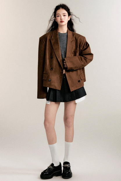 Dark Brown Suede Casual Blazer Short Jacket