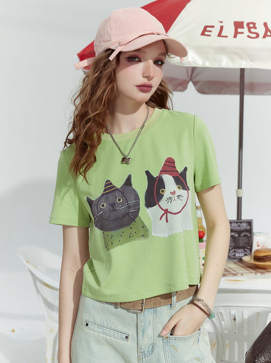 Cat Print Shoulder Slim T-Shirt