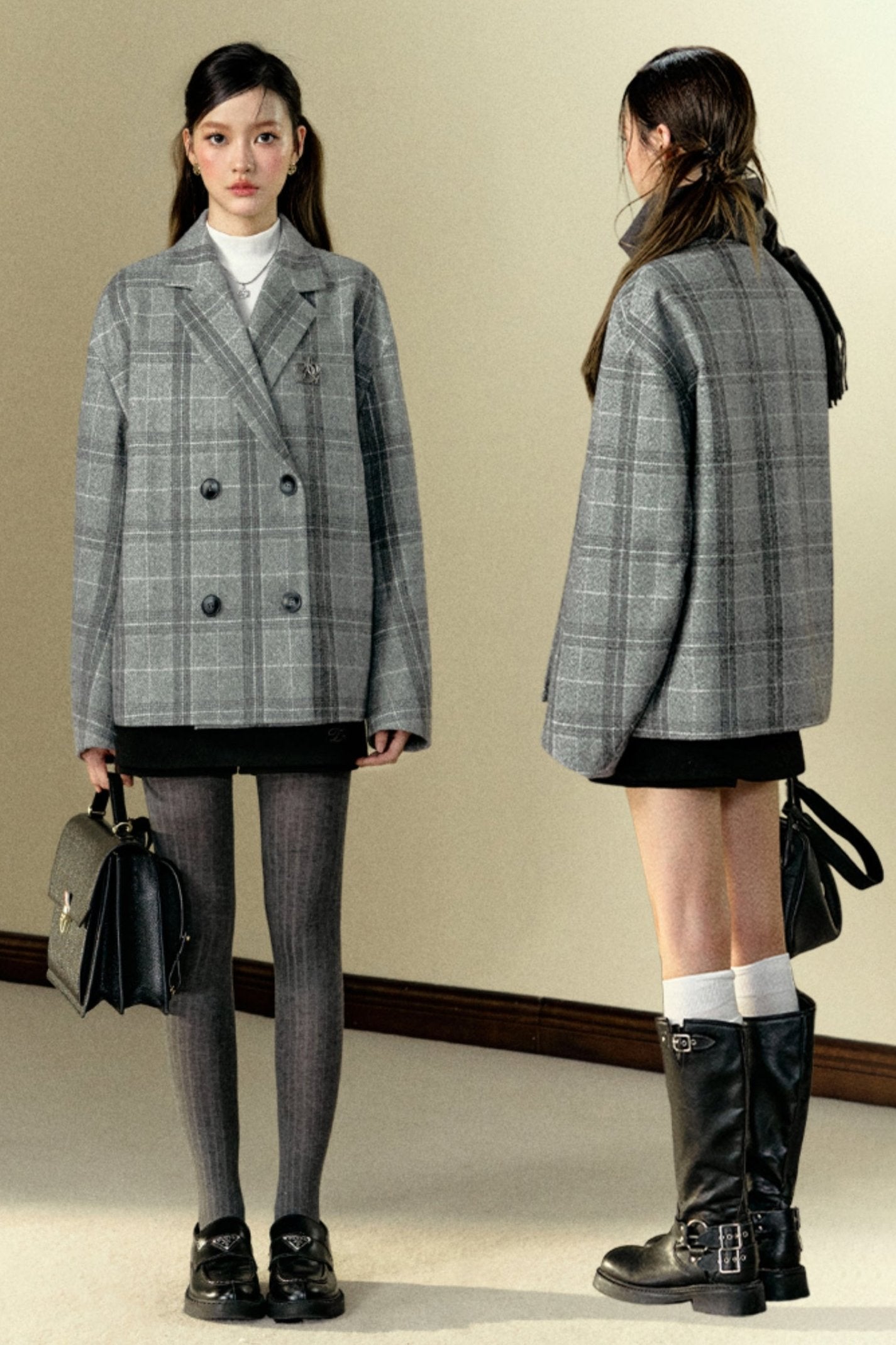 Grey Check Woolen Short Coat