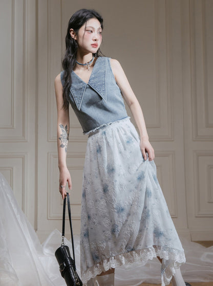 Blue Printed Lace Vest Skirt Set