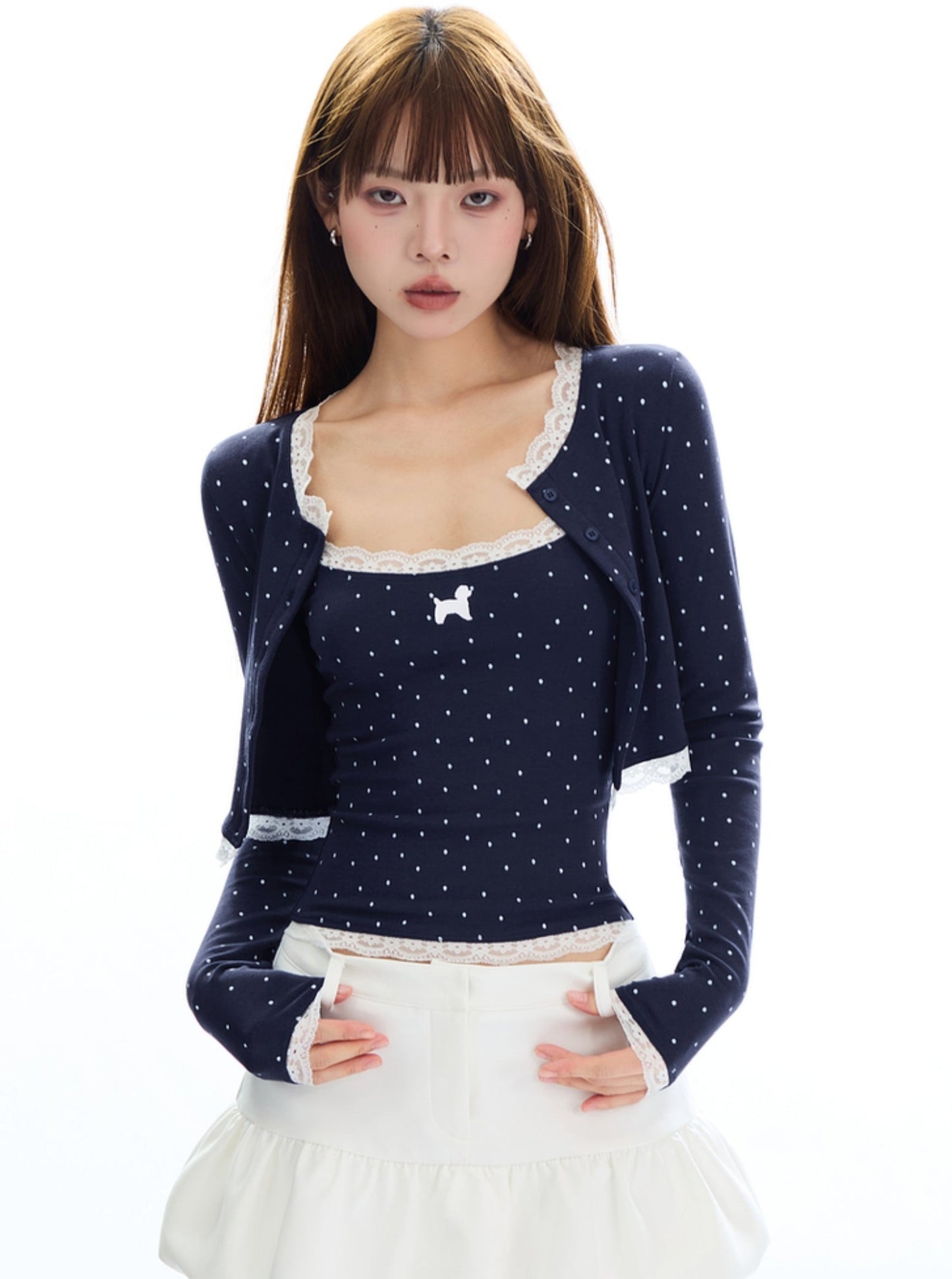 APEA Polka Dot Welpen Silhouette Druck reinen Wunsch Camisole Herbst kurze lange Ärmel Strickjacke Top zweiteilige Set für Frauen