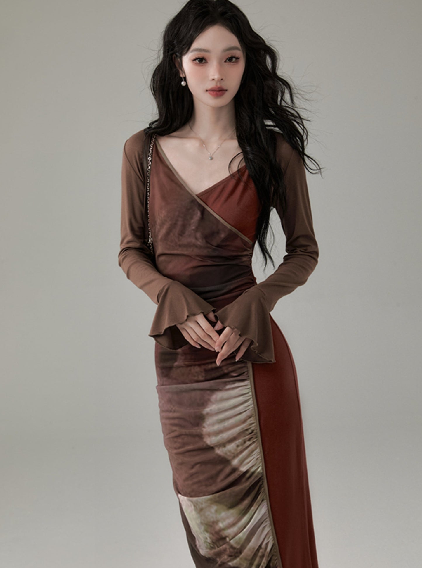 Brown Mesh V-Neck Slip Dress