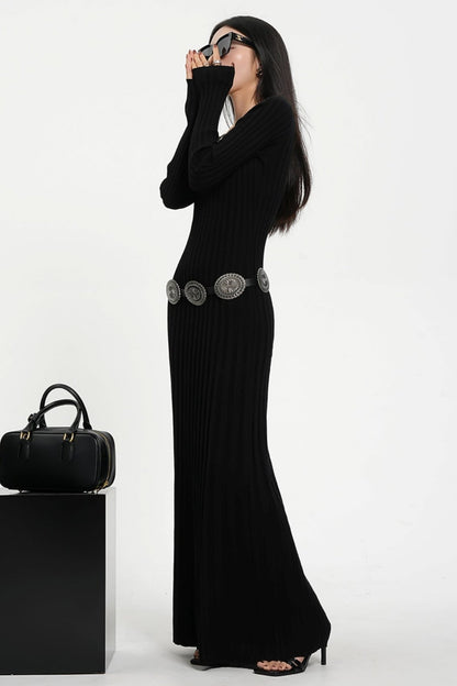 Black Slim Fit Knitted Woolen Dress