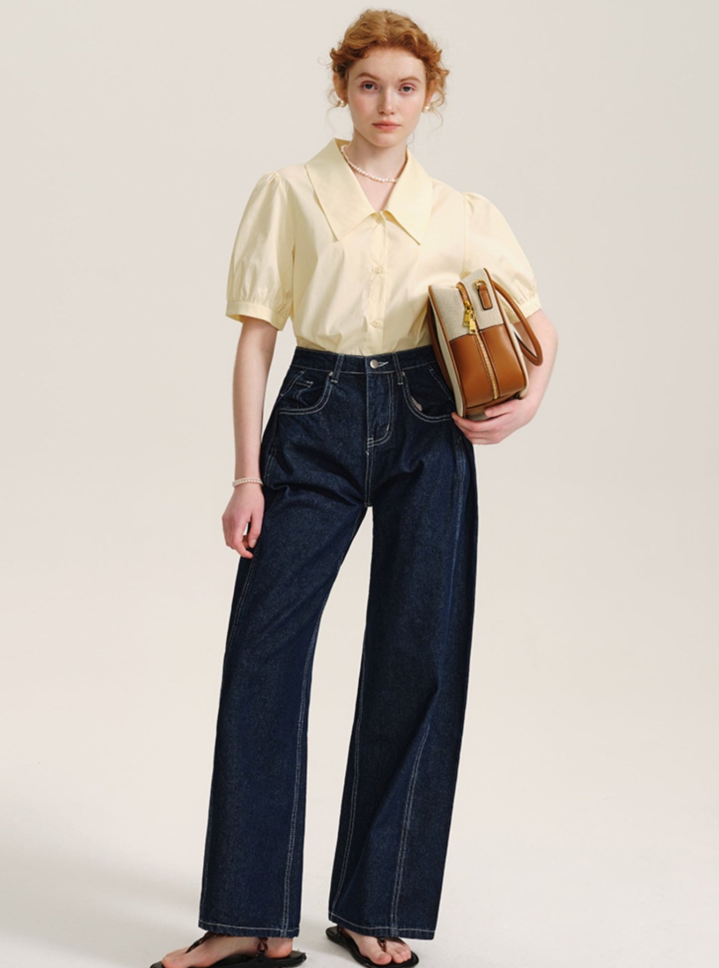 Double-Pleated Wide-Leg Jeans Pants