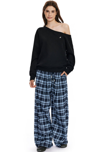 Checked Loose Wide-Leg Pants