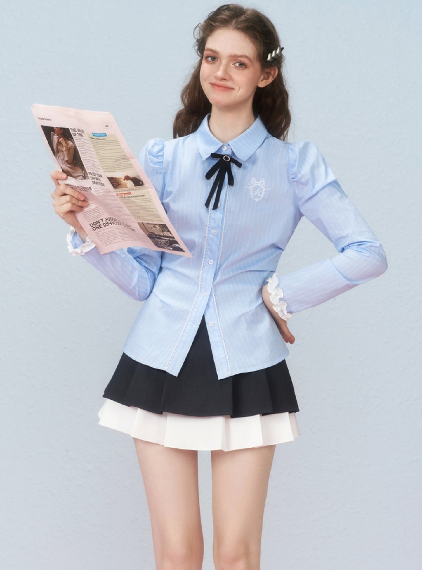 Striped princess sleeve cinched waist shirt