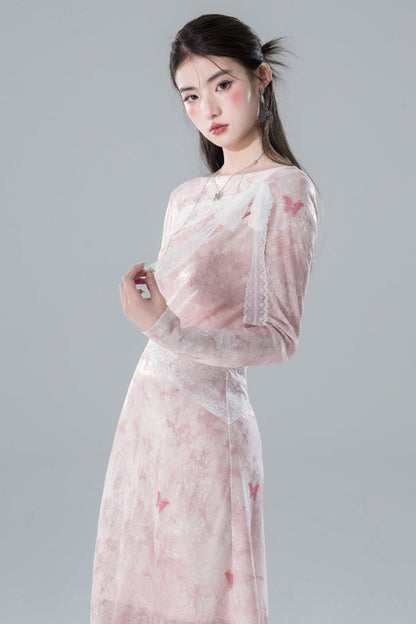 COTRE Gentle Sister Sakura Rosa geknotetes langärmeliges Spitzenkleid