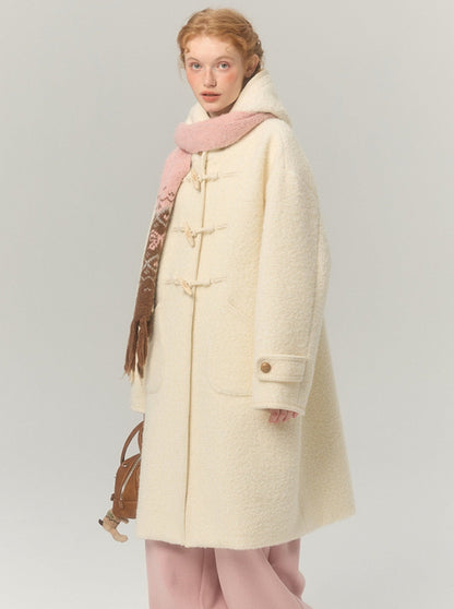 Long thicked hooded horn-buttoned tweed coat