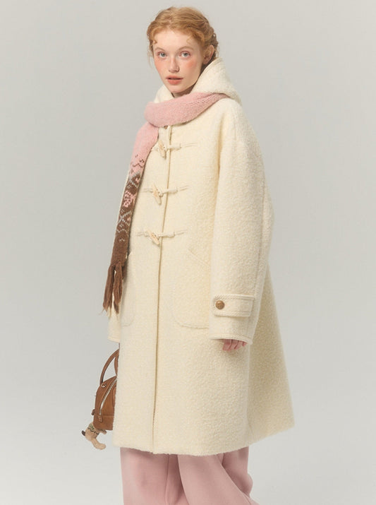 Long thickened hooded horn-buttoned tweed coat