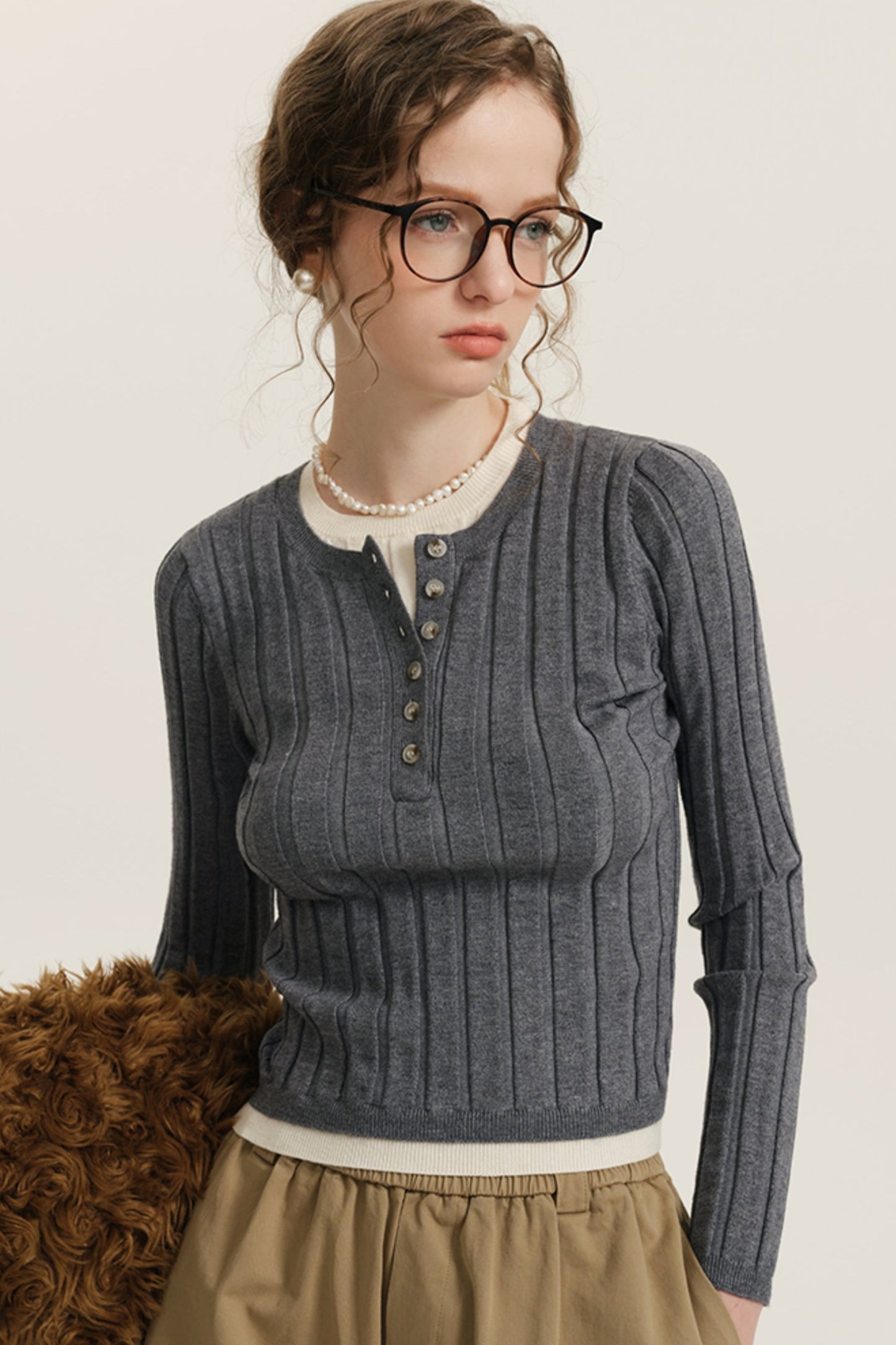 GREY HENLEY KNIT PATCHWORK TOP