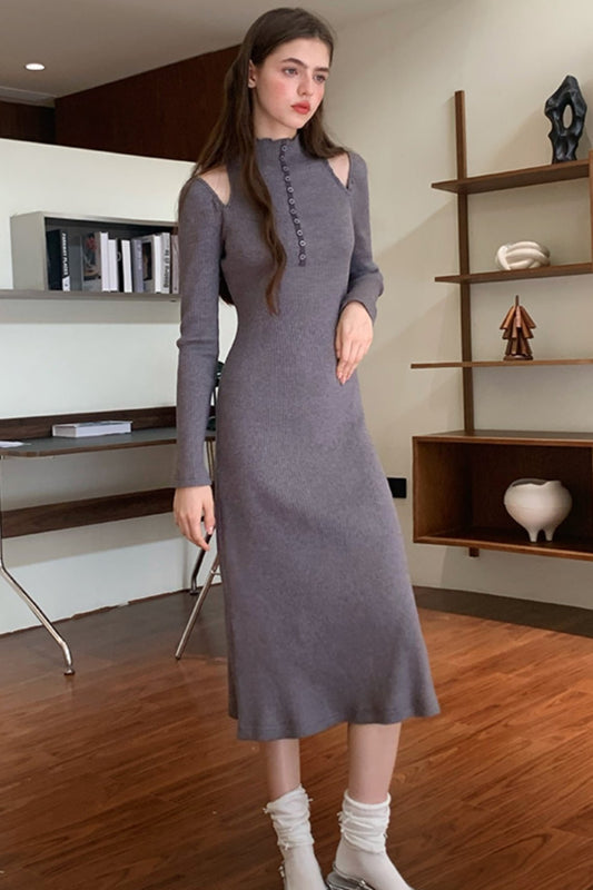 French Halterneck Off-Shoulder Knit Dress