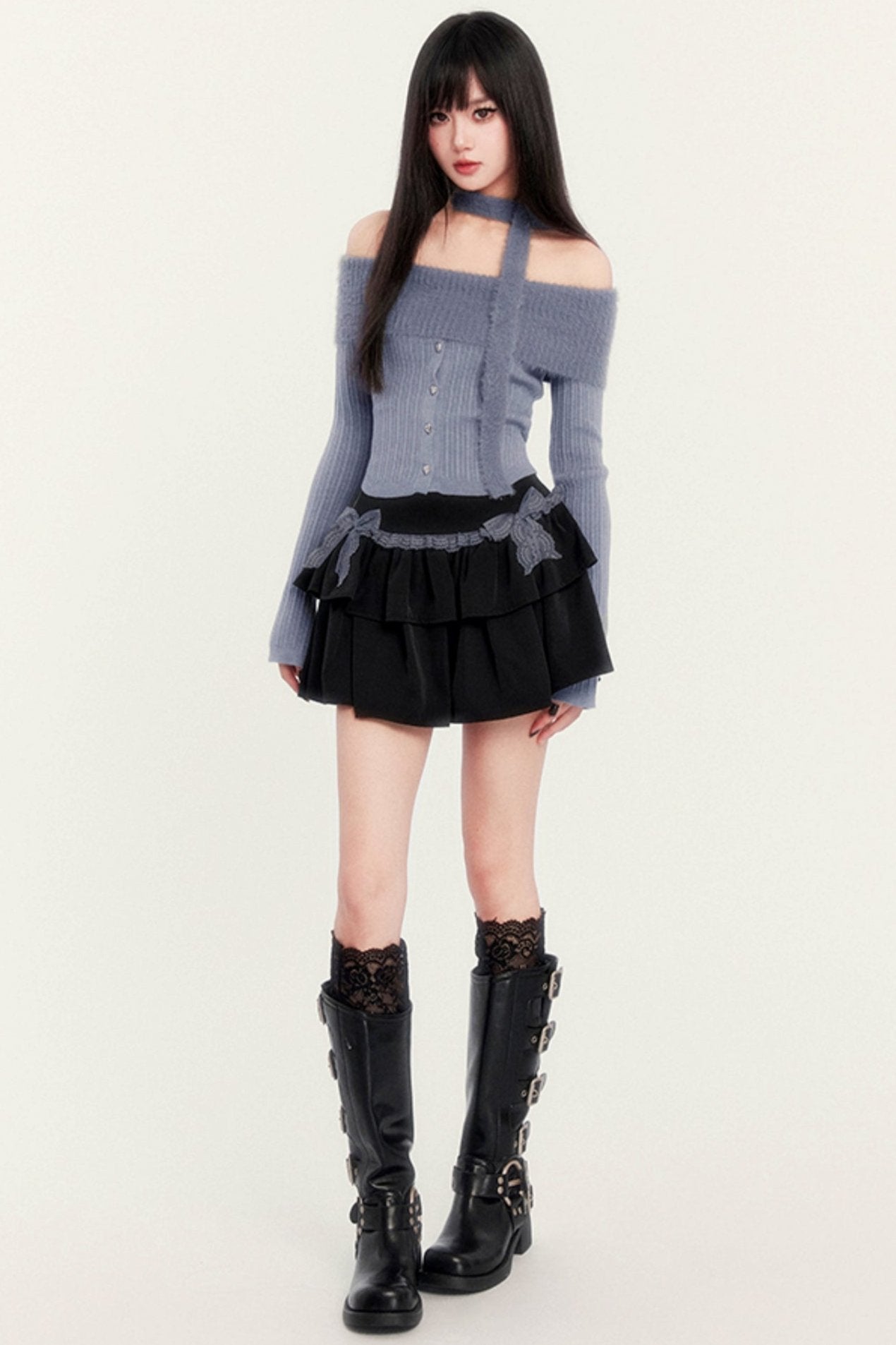 Gray Blue Cake Skirt Knitwear Set-UP