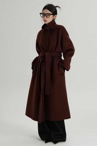 Red Long Stand-Up Collar Wool Coat