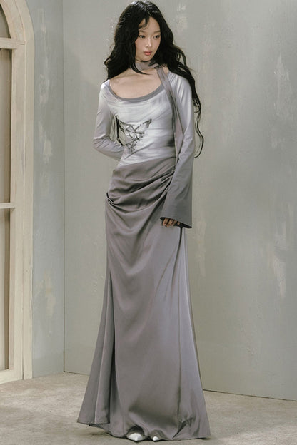 Gray Long Sleeve Butterfly Dress