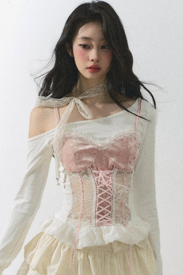 스위트 핑크 레이스 원숄더 탑 