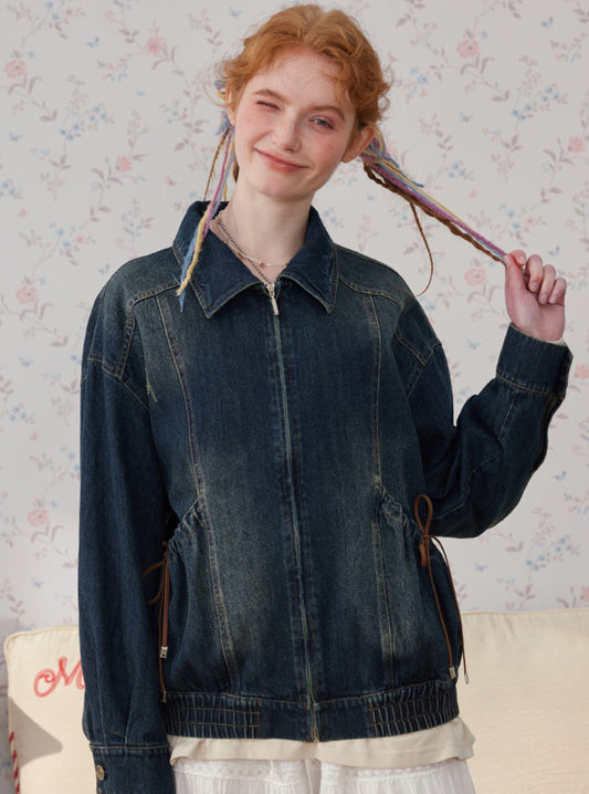 Petite washed loose denim jacket