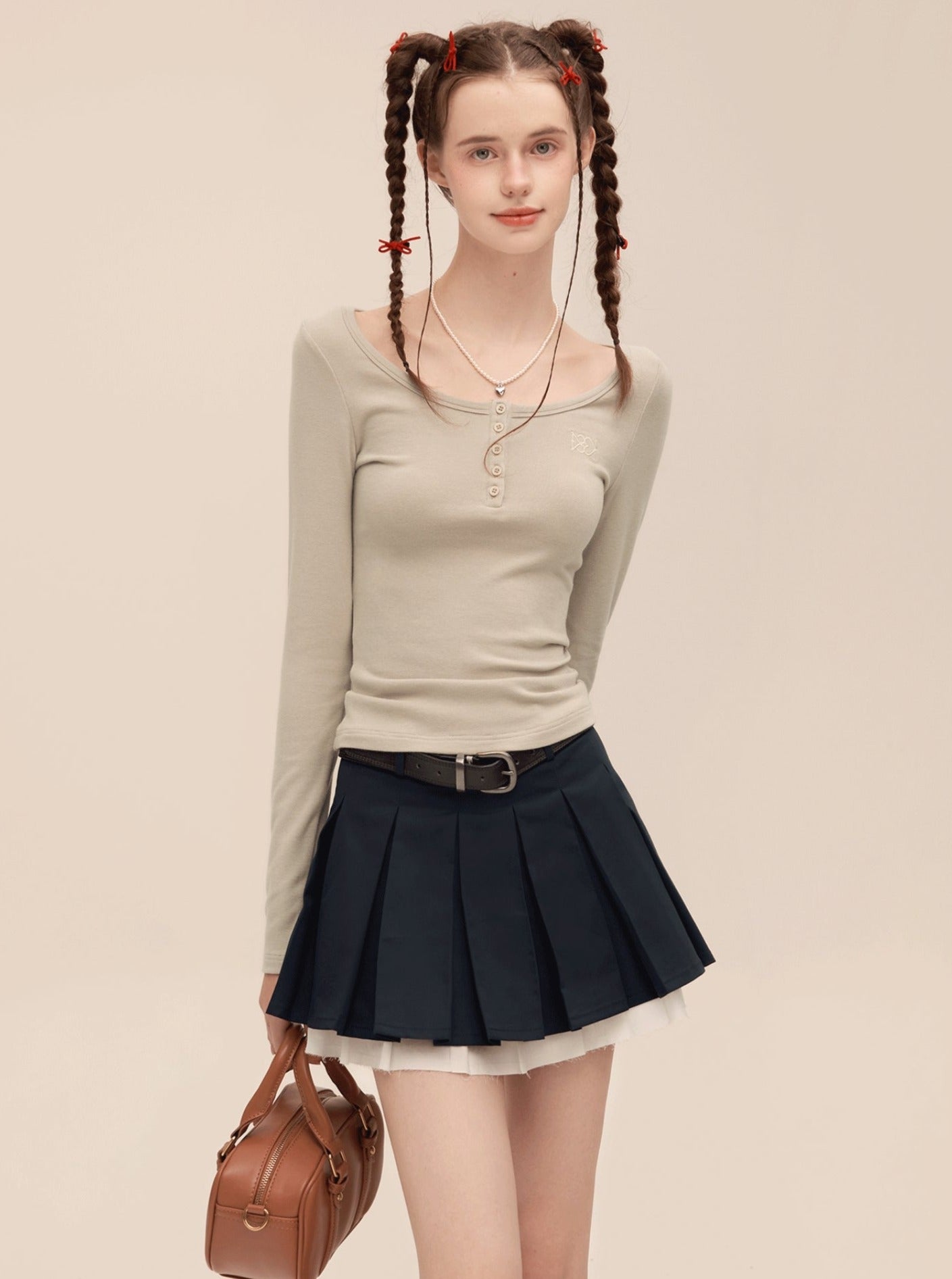 American Double Layer Contrast Pleated Skirt