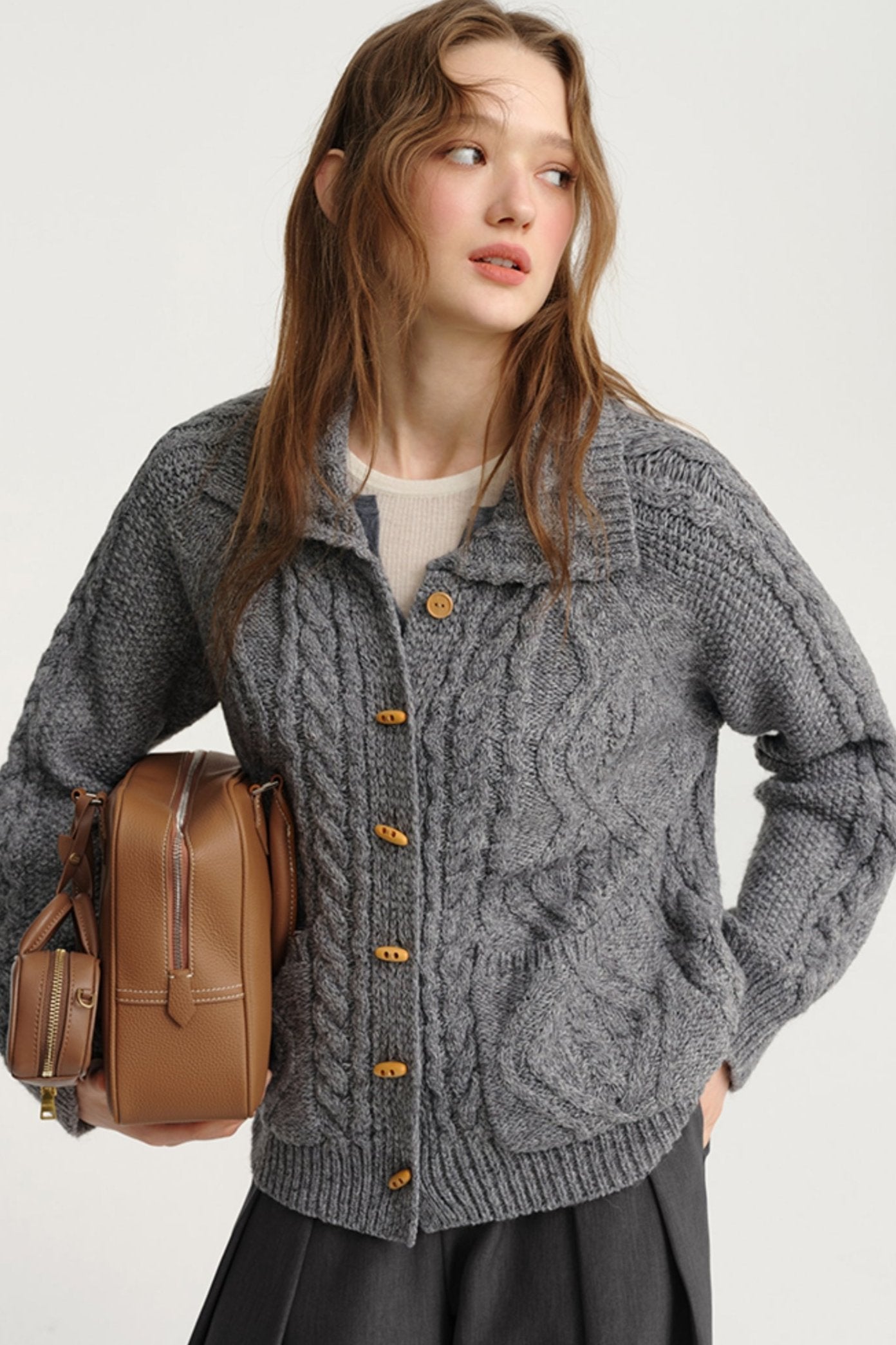 Grey Wool-Blend Roll-Neck Sweater Jacket