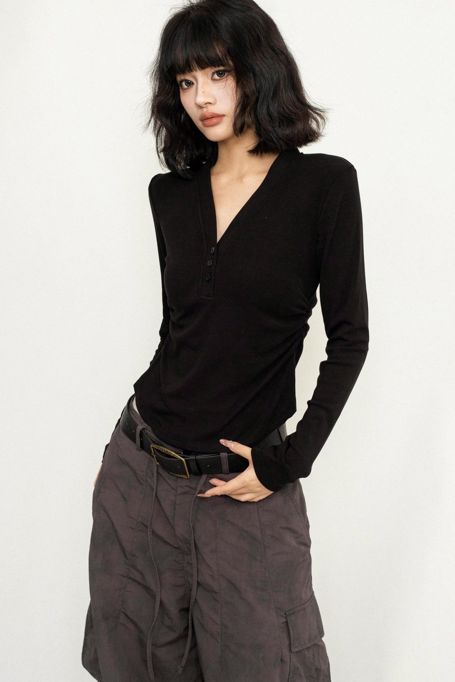 V-Neck Short Long Sleeve T-Shirt