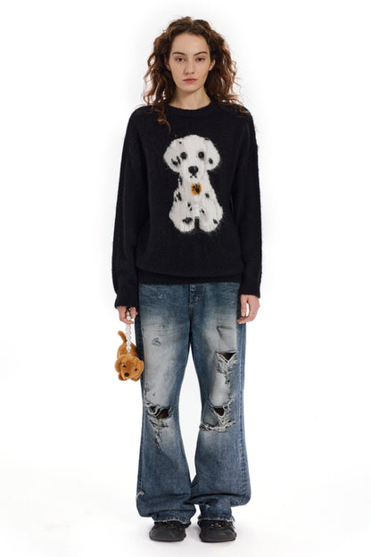 APEA American Mohair Dalmatiner Jacquard Lose Pullover Slouchy Crewneck Langärmliges Strickoberteil