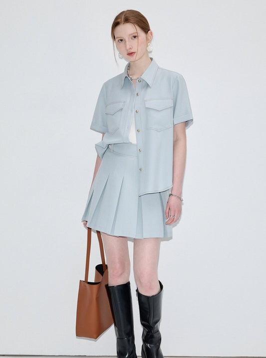 Short Sleeve Shirt Pleated Skirt Set-Up